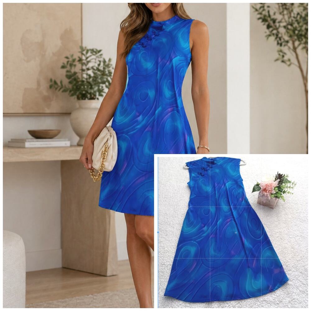 Vintage Simply Silk Abstract Maxi Dress Blue Swirl Watercolor Sleeveless